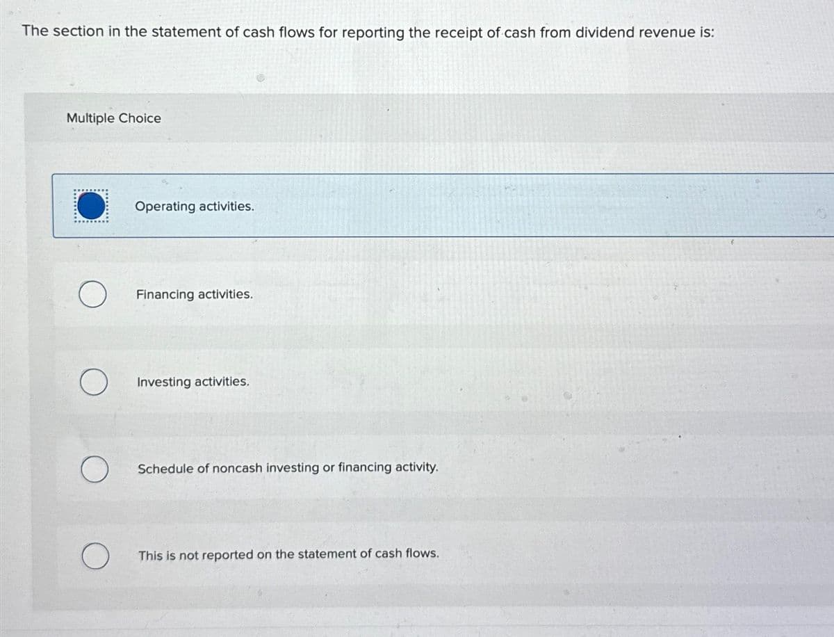 The section in the statement of cash flows for reporting the receipt of cash from dividend revenue is:
Multiple Choice
O
Operating activities.
Financing activities.
Investing activities.
Schedule of noncash investing or financing activity.
This is not reported on the statement of cash flows.