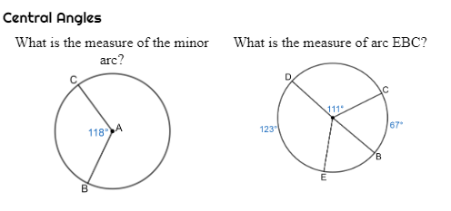 Central Angles
What is the measure of the minor
What is the measure of arc EBC?
arc?
11
118
123
67
B.
B
