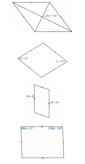 (4x + 10)°
(6x - 8)°
(х + 57)
2х + 8
Зх- 13
85х + 7)°
(100х - 12)
