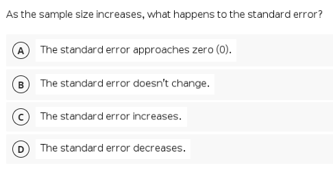 As the sample size increases, what happens to the standard error?
A
The standard error approaches zero (0).
B) The standard error doesn't change.
The standard error increases.
The standard error decreases.
