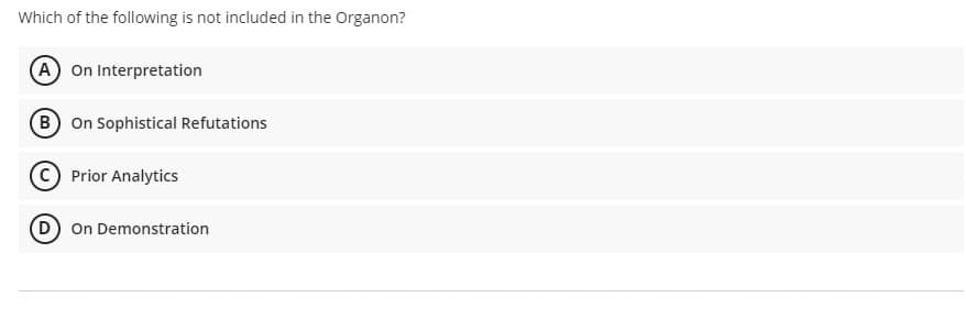 Which of the following is not included in the Organon?
(A On Interpretation
B On Sophistical Refutations
Prior Analytics
(D On Demonstration
