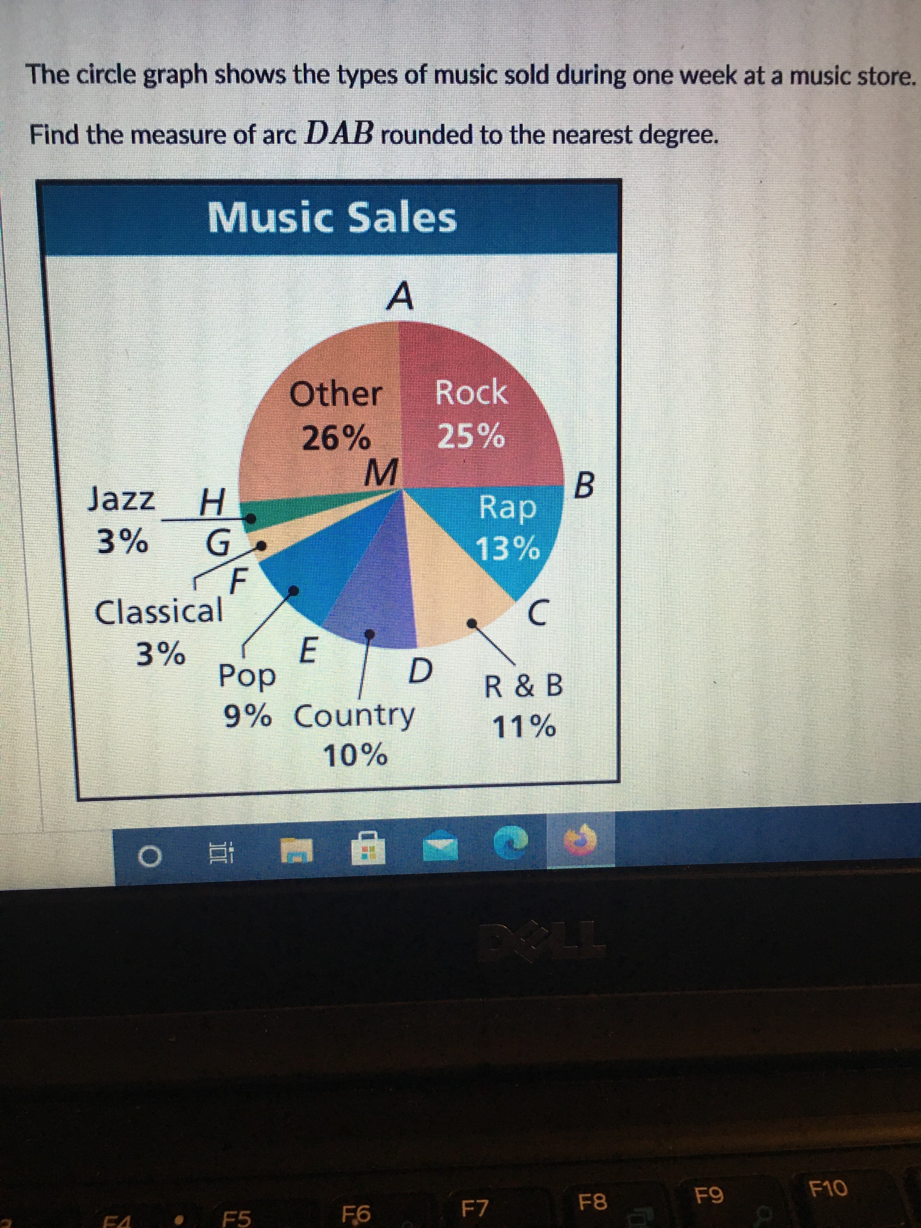 The circle graph shows the types of music sold during one week at a music store.
Find the measure of arc DAB rounded to the nearest degree.
