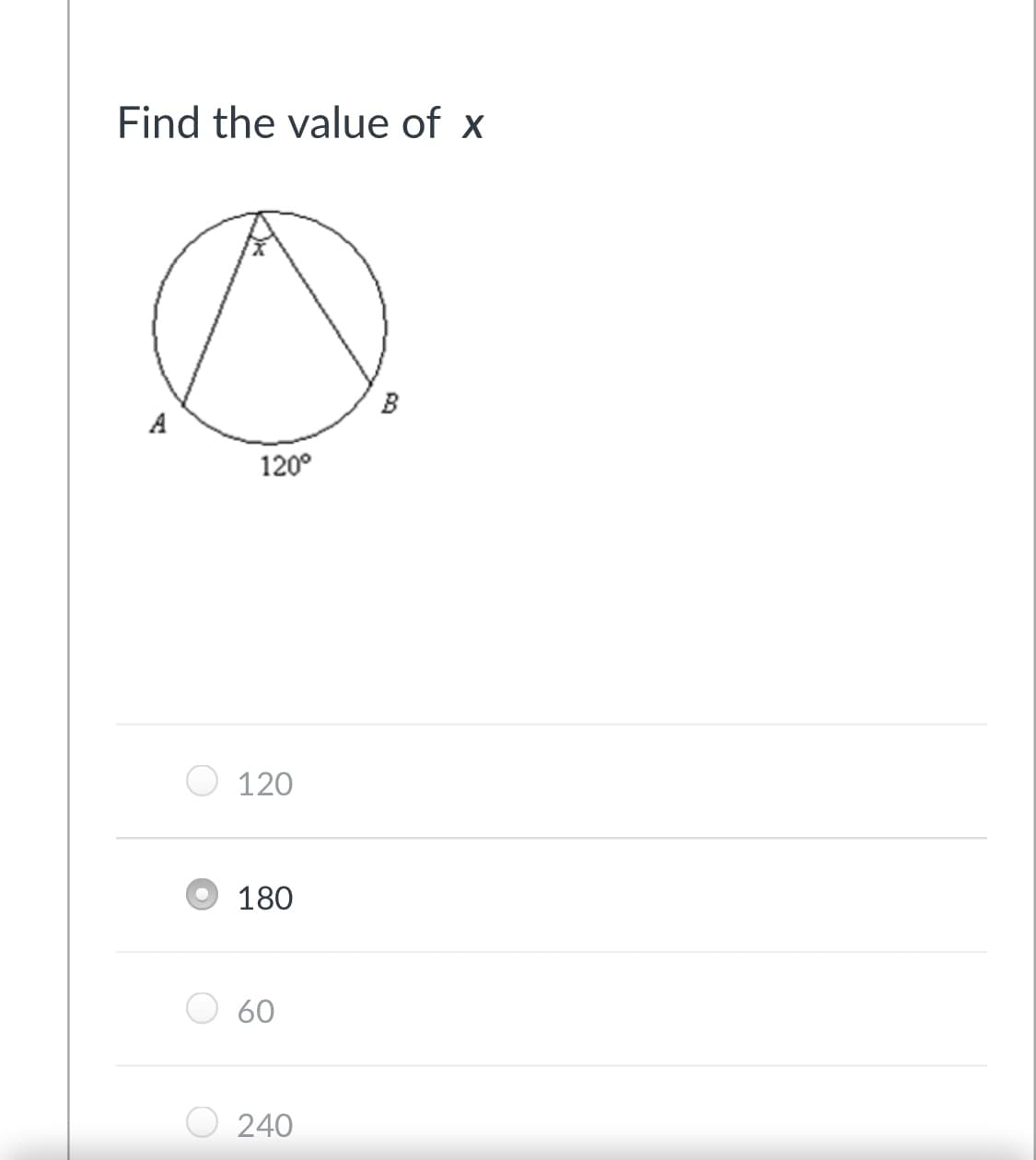 Find the value of x
B
A
120°
O 120
180
60
240
