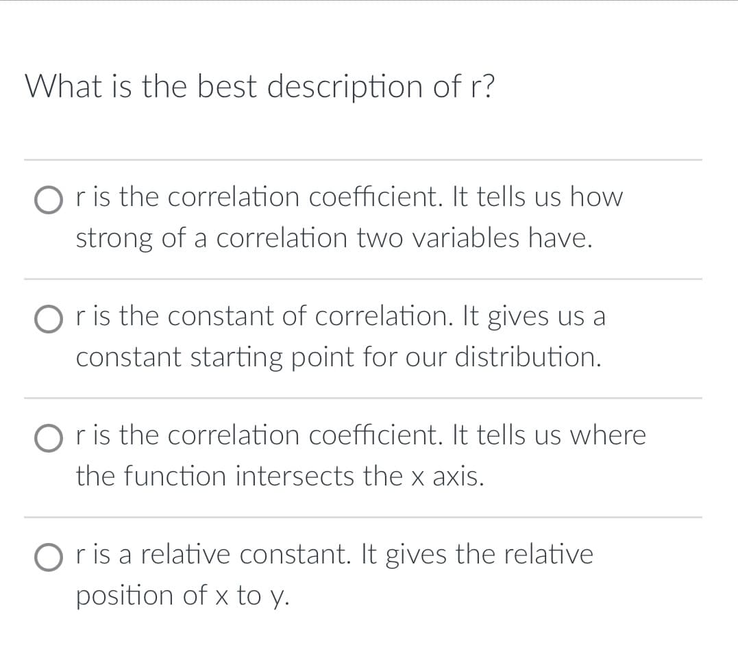 What is the best description of r?
O r is the correlation coefficient. It tells us how
strong of a correlation two variables have.
O r is the constant of correlation. It gives us a
constant starting point for our distribution.
O r is the correlation coefficient. It tells us where
the function intersects the x axis.
O r is a relative constant. It gives the relative
position of x to y.
