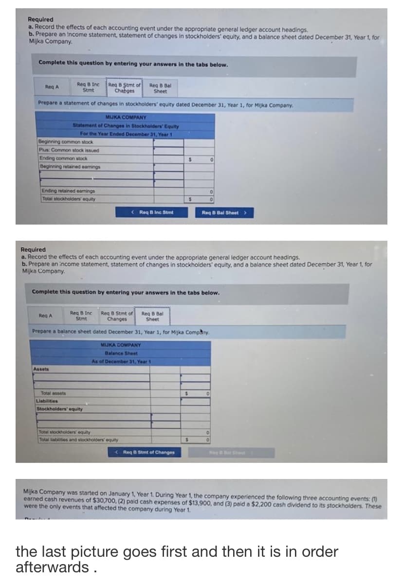 Required
a. Record the effects of each accounting event under the appropriate general ledger account headings.
b. Prepare an Income statement, statement of changes in stockholders' equity, and a balance sheet dated December 31, Year 1, for
Mijka Company.
Complete this question by entering your answers in the tabs below.
Reg B Inc
Stmt
Req B Ştmt of Reg B Bal
Chabges
Req A
Sheet
Prepare a statement of changes in stockholders' equity dated December 31, Year 1, for Mijka Company.
MIJKA COMPANY
Statement of Changes in Stockholders' Equity
For the Year Ended December 31, Year 1
Beginning common stock
Plus: Common stock issued
Ending common stock
Beginning retained eamings
Ending retained eanings
Total stockholders' equity
< Req B Inc Stmt
Req B Bal Sheet >
Required
a. Record the effects of each accounting event under the appropriate general ledger account headings.
b. Prepare an income statement, statement of changes in stockholders' equity, and a balance sheet dated December 31, Year 1, for
Mijka Company.
Complete this question by entering your answers in the tabs below.
Reg B Inc
Stmt
Reg B Stmt of Reg B Bal
Changes
Reg A
Sheet
Prepare a balance sheet dated December 31, Year 1, for Mijka Compny.
MIJKA COMPANY
Balance Sheet
As of December 31, Year 1
Assets
Total assets
Liabilities
Stockholders' equity
Total stockholders equity
Total liabilities and stockholders equity
K Reg B Stnt of Changes
aBl Sh
Mijka Company was started on January 1, Year 1. During Year 1, the company experienced the following three accounting events: (1)
earned cash revenues of $30,700, (2) paid cash expenses of $13,900, and (3) paid a $2,200 cash dividend to Its stockholders. These
were the only events that affected the company during Year 1.
the last picture goes first and then it is in order
afterwards .
