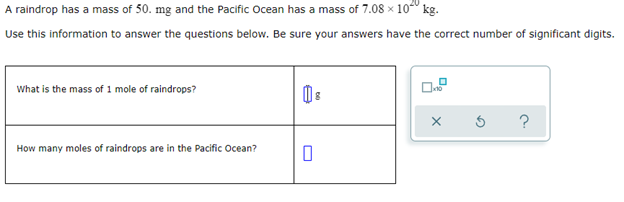 A raindrop has a mass of 50. mg and the Pacific Ocean has a mass of 7.08 x 10 kg.
Use this information to answer the questions below. Be sure your answers have the correct number of significant digits.
What is the mass of 1 mole of raindrops?
X
?
How many moles of raindrops are in the Pacific Ocean?
0