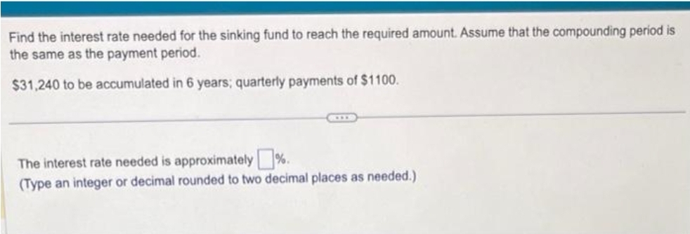 Find the interest rate needed for the sinking fund to reach the required amount. Assume that the compounding period is
the same as the payment period.
$31,240 to be accumulated in 6 years; quarterly payments of $1100.
The interest rate needed is approximately%.
(Type an integer or decimal rounded to two decimal places as needed.)