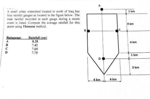 A small urban watershed located in north of Iraq has
four rainfall gauges as located in the figure below. The
total rainfall recorded at each gauge during a storm
event is listed Compute the average rainfall for this
storm using Thiesson method.
Raingauge
Rainfall (cm)
8.28
7.42
7.65
7.75
B
D
4 km
4 km
1 km
4 km
4 km
1 km
3 km