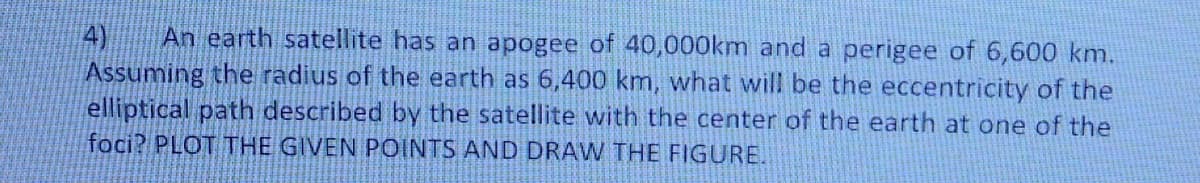 An earth satellite has an apogee of 40,000km and a perigee of 6,600 km.
Assuming the radius of the earth as 6,400 km, what will be the eccentricity of the
elliptical path described by the satellite with the center of the earth at one of the
foci? PLOT THE GIVEN POINTS AND DRAW THE FIGURE.
4)
