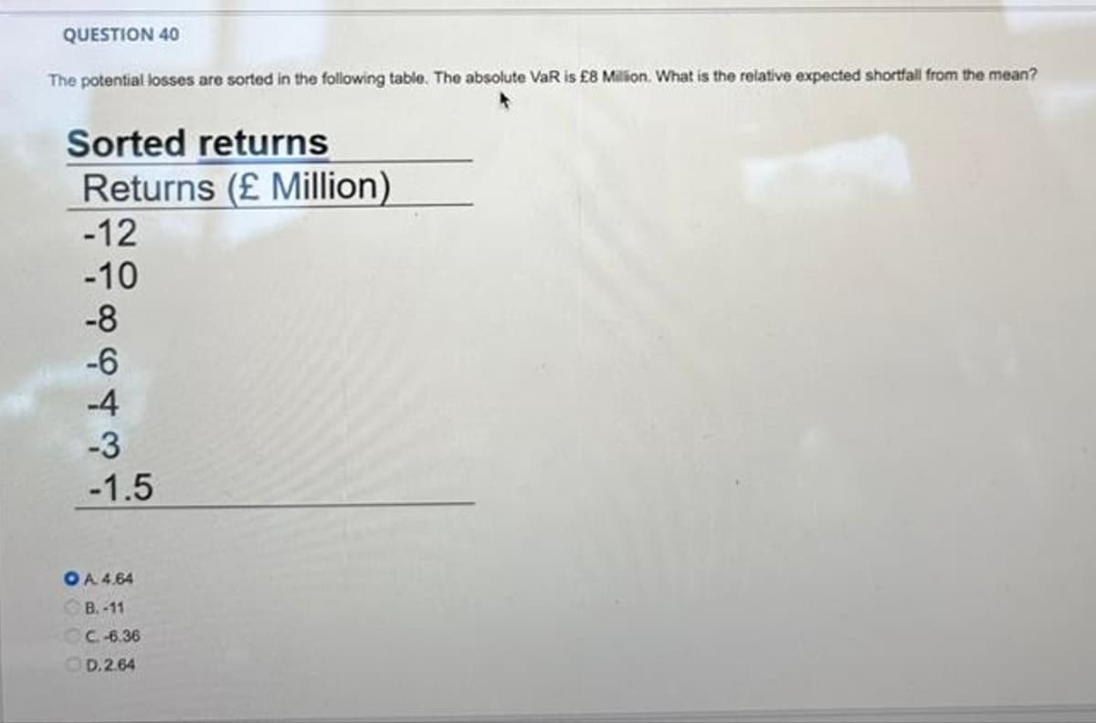 QUESTION 40
The potential losses are sorted in the following table. The absolute VaR is £8 Million. What is the relative expected shortfall from the mean?
Sorted returns
Returns (£ Million)
-12
-10
-8
-6
-4
-3
-1.5
OA. 4.64
B.-11
C.-6.36
D.2.64