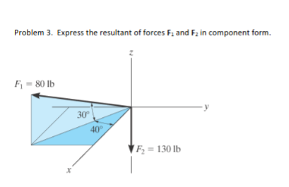 Problem 3. Express the resultant of forces F. and Fz in component form.
F = 80 lb
30
40
|Fz = 130 lb
