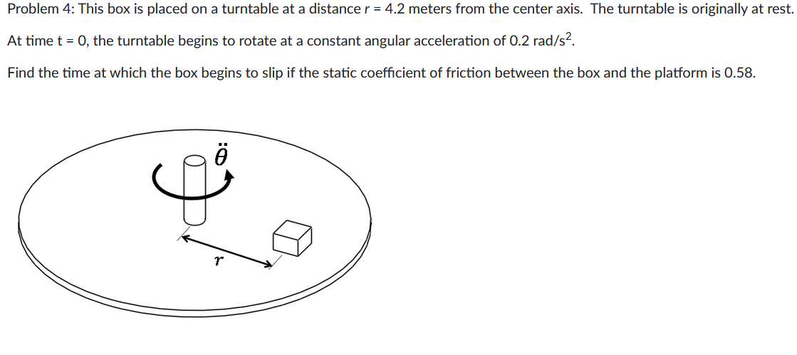 Problem 4: This box is placed on a turntable at a distance r = 4.2 meters from the center axis. The turntable is originally at rest.
At time t = 0, the turntable begins to rotate at a constant angular acceleration of 0.2 rad/s².
Find the time at which the box begins to slip if the static coefficient of friction between the box and the platform is 0.58.
r