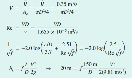V =
Re =
1
√f
V
Ac
VD
V
Ü
лD²/4
= -2.0 log
LV²
h₁ = f ==
VD
1.655 x 10-5 m²/s
0.35 m³/s
лD²14
D 2g
ɛID 2.51
3.7
+
Re √f
= -2.0 log
20 m = f
150 m
D
2.51
Re √f
V²
2(9.81 m/s²)