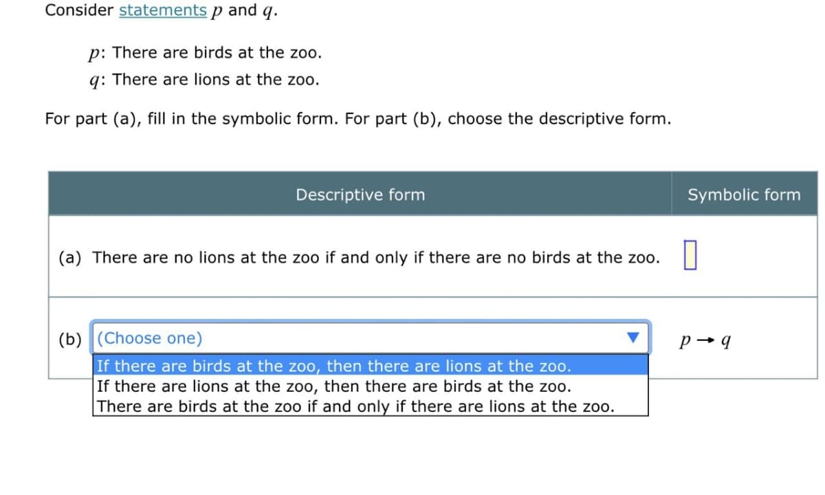 Consider statements p and q.
p: There are birds at the zoo.
q: There are lions at the zoo.
For part (a), fill in the symbolic form. For part (b), choose the descriptive form.
Descriptive form
Symbolic form
(a) There are no lions at the zoo if and only if there are no birds at the zoo.
(b) (Choose one)
If there are birds at the zoo, then there are lions at the zoo.
If there are lions at the zoo, then there are birds at the zoo.
There are birds at the zoo if and only if there are lions at the zoo.
