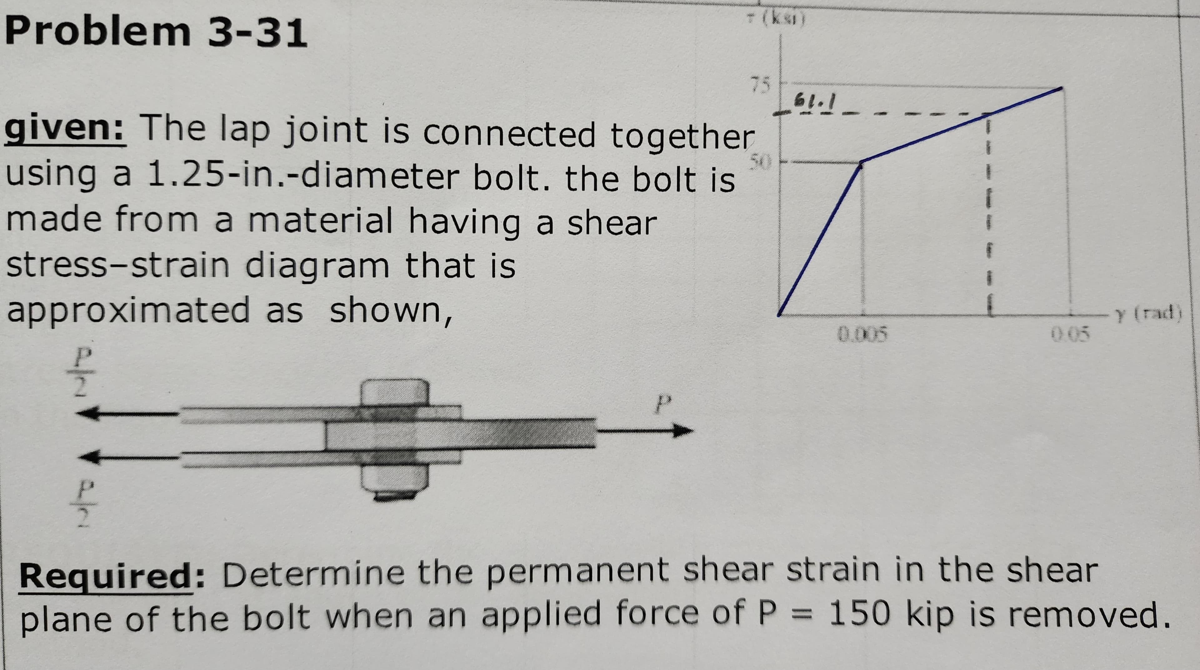 Problem 3-31
P
+ (ks)
given: The lap joint is connected together
using a 1.25-in.-diameter bolt. the bolt is
made from a material having a shear
stress-strain diagram that is
approximated as shown,
P
75
61.1_
0.05
y (rad)
Required: Determine the permanent shear strain in the shear
plane of the bolt when an applied force of P = 150 kip is removed.