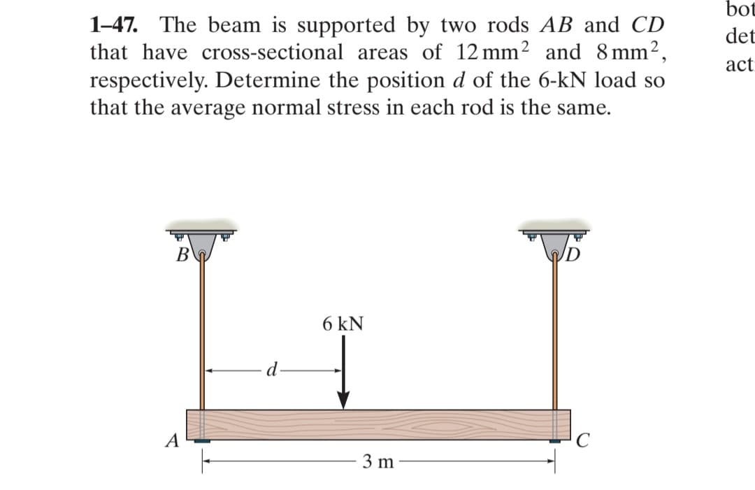 1-47. The beam is supported by two rods AB and CD
that have cross-sectional areas of 12 mm² and 8 mm²,
respectively. Determine the position d of the 6-kN load so
that the average normal stress in each rod is the same.
B
A
6 kN
3 m
WD
bot
det
act