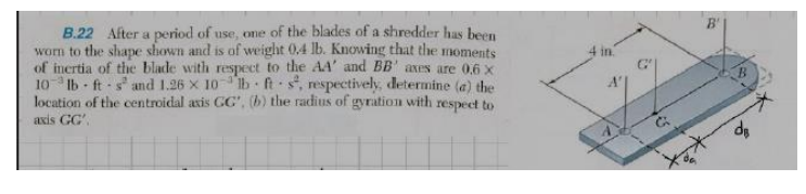 B.22 After a period of use, one of the blades of a shredder has been
worn to the shape shown and is of weight 0.4 lb. Knowing that the moments
of inertia of the blade with respect to the AA' and BB' axes are 0.6 x
10 lb-fts and 1.26 x 10 lb fts, respectively, determine (a) the
location of the centroidal axis GG, (b) the radius of gyration with respect to
axis GC'.
4 in.
C
de