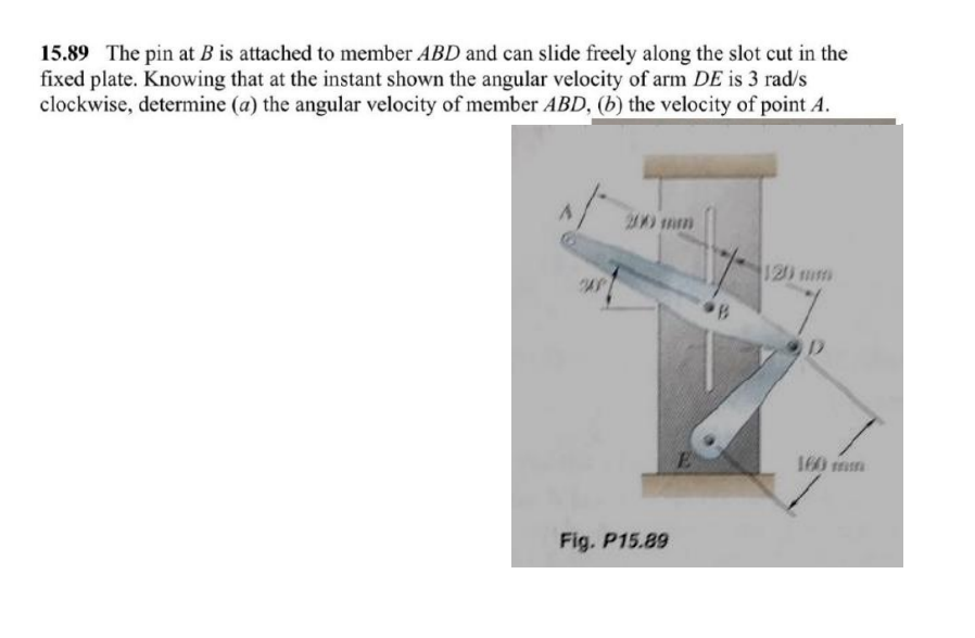 15.89 The pin at B is attached to member ABD and can slide freely along the slot cut in the
fixed plate. Knowing that at the instant shown the angular velocity of arm DE is 3 rad/s
clockwise, determine (a) the angular velocity of member ABD, (b) the velocity of point A.
A
2X) mm
Fig. P15.89
E
120 mm
160 mm