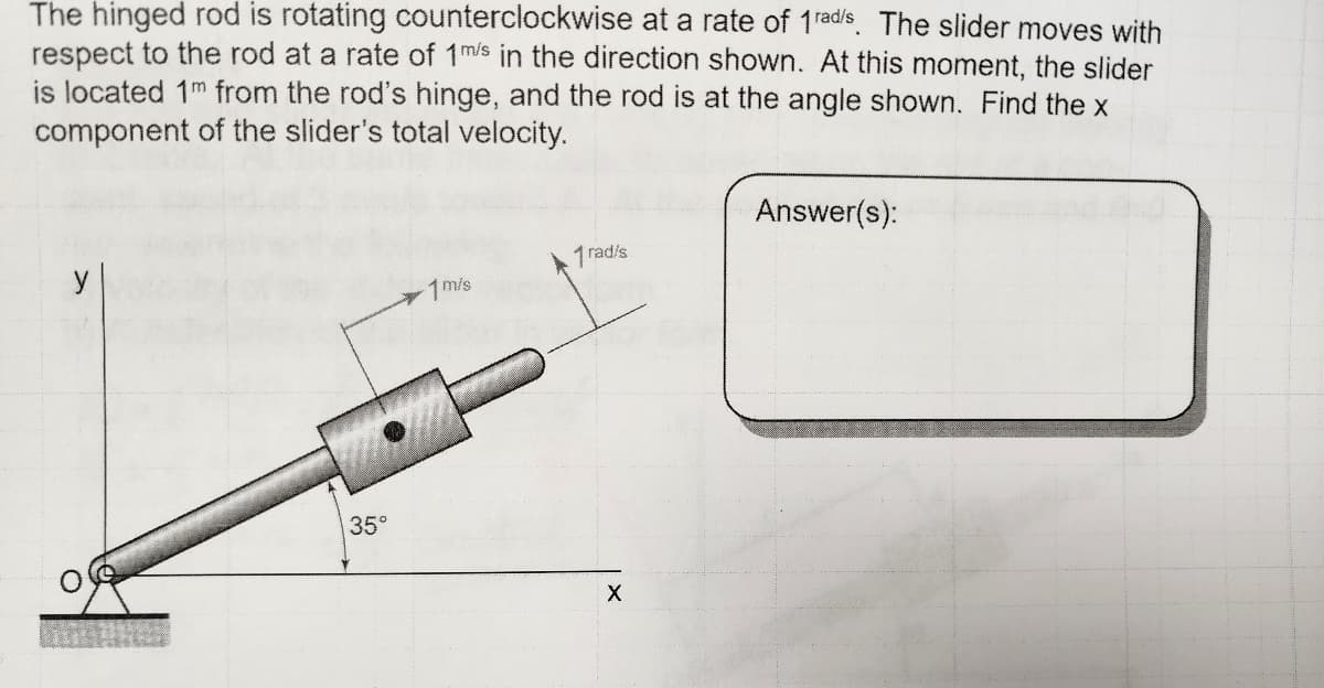 The hinged rod is rotating counterclockwise at a rate of 1rad/s. The slider moves with
respect to the rod at a rate of 1m/s in the direction shown. At this moment, the slider
is located 1m from the rod's hinge, and the rod is at the angle shown. Find the x
component of the slider's total velocity.
35°
1 m/s
1 radis
X
Answer(s):