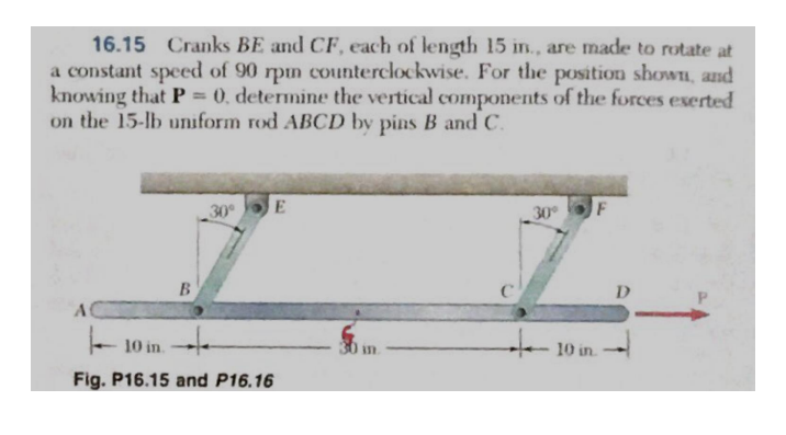 16.15 Cranks BE and CF, each of length 15 in., are made to rotate at
a constant speed of 90 rpm counterclockwise. For the position shown, and
knowing that P = 0, determine the vertical components of the forces exerted
on the 15-lb uniform rod ABCD by pins B and C.
A
B
30°
10 in
Fig. P16.15 and P16.16
E
in
30°
F
10 in.
D