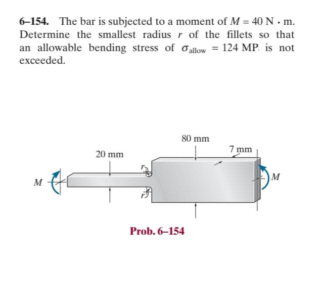 6-154. The bar is subjected to a moment of M = 40 N. m.
Determine the smallest radius r of the fillets so that
an allowable bending stress of allow = 124 MP is not
exceeded.
M
20 mm
80 mm
Prob. 6-154
7 mm
M