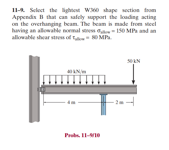 11-9. Select the lightest W360 shape section from
Appendix B that can safely support the loading acting
on the overhanging beam. The beam is made from steel
having an allowable normal stress Gallow = 150 MPa and an
allowable shear stress of Tallow = 80 MPa.
118
40 kN/m
4 m
Probs. 11-9/10
2 m
50 KN