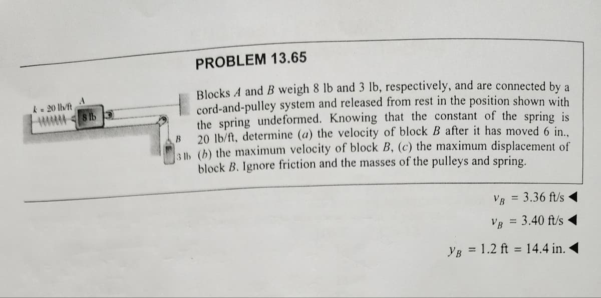 A
M8b3
k = 20 lb/ft,
PROBLEM 13.65
Blocks A and B weigh 8 lb and 3 lb, respectively, and are connected by a
cord-and-pulley system and released from rest in the position shown with
the spring undeformed. Knowing that the constant of the spring is
20 lb/ft, determine (a) the velocity of block B after it has moved 6 in.,
3 lb (b) the maximum velocity of block B, (c) the maximum displacement of
block B. Ignore friction and the masses of the pulleys and spring.
B
VB = 3.36 ft/s
VB = 3.40 ft/s
YB = 1.2 ft = 14.4 in. ◄