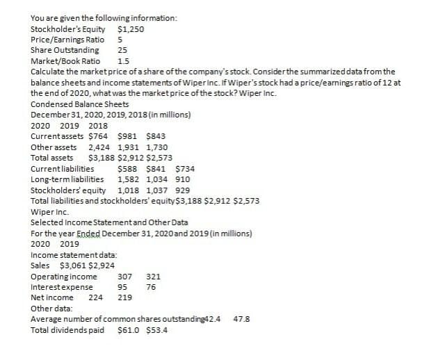 You are given the following information:
Stockholder's Equity
Price/Earnings Ratio
Share Outstanding
Market/Book Ratio
$1,250
5
25
1.5
Calculate the market price of a share of the company's stock. Consider the summarized data from the
balance sheets and income statements of Wiper Inc. If Wiper's stock had a price/earnings ratio of 12 at
the end of 2020, what was the market price of the stock? Wiper Inc.
Condensed Balance Sheets
December 31, 2020, 2019, 2018 (in millions)
2020 2019 2018
Current assets $764 $981 $843
Other assets
Total assets
2,424 1,931 1,730
$3,188 $2,912 $2,573
Current liabilities
Long-term liabilities
Stockholders' equity
$588 $841 $734
1,582 1,034 910
1,018 1,037 929
Total liabilities and stockholders' equity $3,188 $2,912 $2,573
Wiper Inc.
Selected Income Statement and Other Data
For the year Ended December 31, 2020 and 2019 (in millions)
2020 2019
Income statement data:
Sales $3,061 $2,924
Operating income
307
321
Interest expense
95
76
Net income
224
219
Other data:
Average number of common shares outstanding42.4
Total dividends paid $61.0 $53.4
47.8