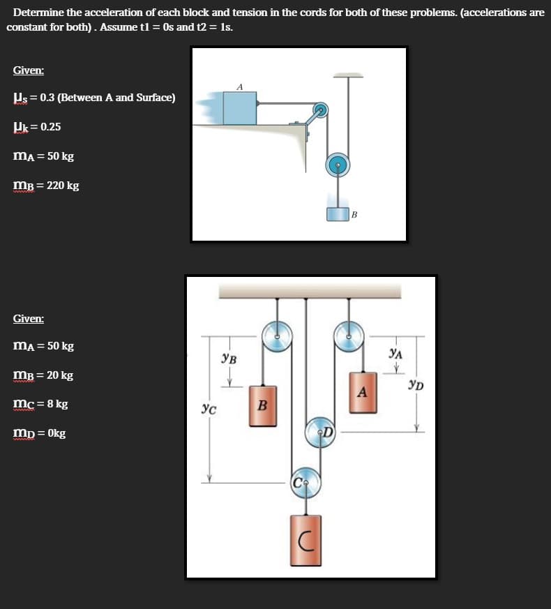 Determine the acceleration of each block and tension in the cords for both of these problems. (accelerations are
constant for both). Assume t1 = 0s and t2 = 1s.
Given:
Us = 0.3 (Between A and Surface)
Hk = 0.25
mA = 50 kg
MB = 220 kg
Given:
mA = 50 kg
m³ = 20 kg
mc = 8 kg
mp = 0kg
ус
A
ув
B
G
C
D
B
to
G
A
УА
V
YD