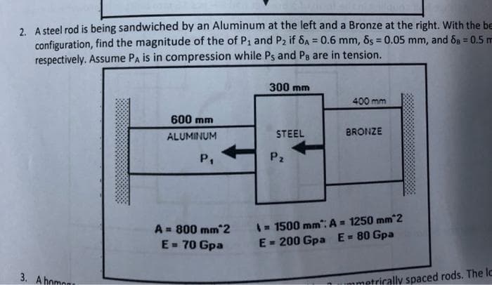 2. A steel rod is being sandwiched by an Aluminum at the left and a Bronze at the right. With the be
configuration, find the magnitude of the of P₁ and P2 if 8A = 0.6 mm, 8s = 0.05 mm, and 88 = 0.5 m
respectively. Assume PA is in compression while Ps and P8 are in tension.
3. A home
600 mm
ALUMINUM
P₁
A = 800 mm 2
E = 70 Gpa
300 mm
STEEL
P₂
400 mm
BRONZE
= 1500 mm*: A = 1250 mm 2
E = 200 Gpa E= 80 Gpa
metrically spaced rods. The lc