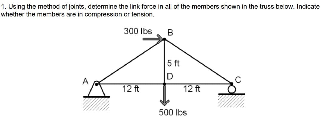 1. Using the method of joints, determine the link force in all of the members shown in the truss below. Indicate
whether the members are in compression or tension.
300 lbs
B
12 ft
5 ft
50
12 ft
500 lbs