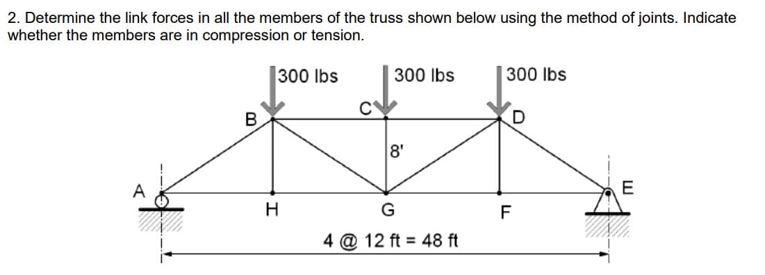 2. Determine the link forces in all the members of the truss shown below using the method of joints. Indicate
whether the members are in compression or tension.
300 lbs
B
A
H
300 lbs
300 lbs
C
8'
G
4 @ 12 ft 48 ft
E
F