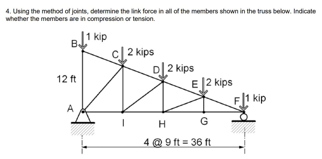 4. Using the method of joints, determine the link force in all of the members shown in the truss below. Indicate
whether the members are in compression or tension.
|1kip
B
C 2 kips
D2kips
12 ft
E2 kips
F 1kip
A
H
G
4@ 9 ft = 36 ft