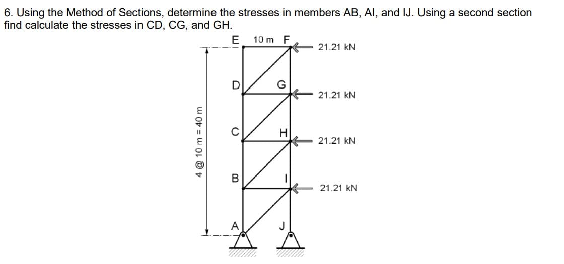 6. Using the Method of Sections, determine the stresses in members AB, AI, and IJ. Using a second section
find calculate the stresses in CD, CG, and GH.
4 @ 10 m = 40 m
E
10m F
21.21 KN
D
0
G
21.21 KN
H
21.21 KN
B
21.21 kN