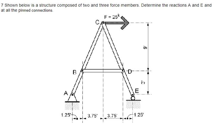 7 Shown below is a structure composed of two and three force members. Determine the reactions A and E and
at all the pinned connections.
F=25k
B
D
E
1.25
3.75'
3.75'
1.25'