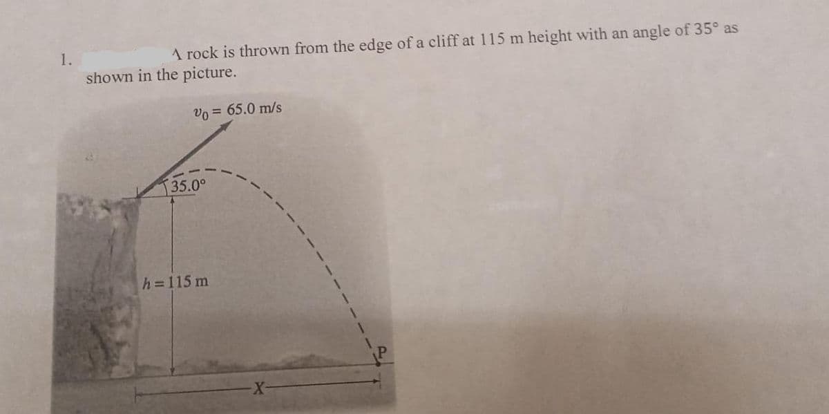 1.
A rock is thrown from the edge of a cliff at 115 m height with an angle of 35° as
shown in the picture.
Vo = 65.0 m/s
35.0°
h=115 m