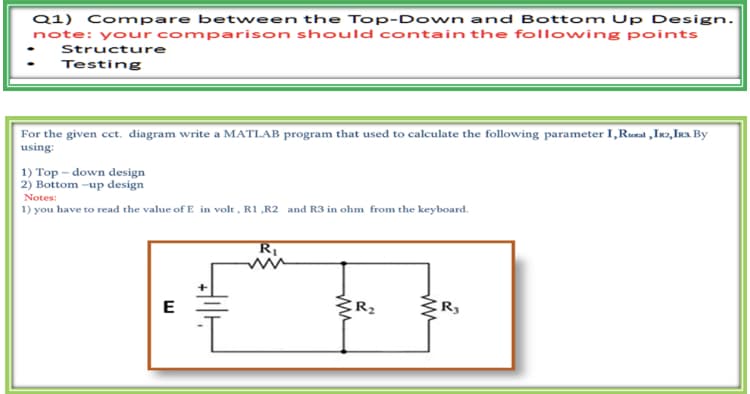 Q1) Compare between the Top-Down and Bottom Up Design.
note: your comparison should contain the following points
Structure
Testing
For the given cct. diagram write a MATLAB program that used to calculate the following parameter I,Roeal , Inz, IR3. By
using:
1) Top – down design
2) Bottom -up design
Notes:
1) you have to read the value of E in volt , R1 ,R2 and R3 in ohm from the keyboard.
E
R2
R3
