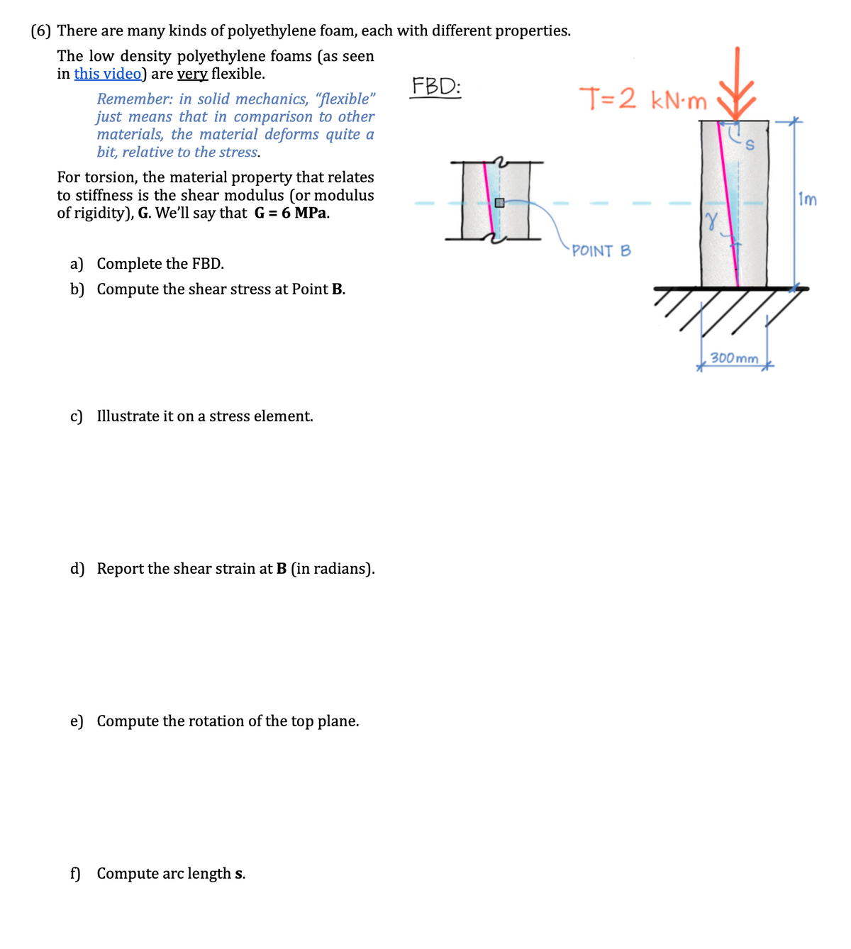 (6) There are many kinds of polyethylene foam, each with different properties.
The low density polyethylene foams (as seen
in this video) are very flexible.
Remember: in solid mechanics, "flexible"
just means that in comparison to other
materials, the material deforms quite a
bit, relative to the stress.
For torsion, the material property that relates
to stiffness is the shear modulus (or modulus
of rigidity), G. We'll say that G = 6 MPa.
a) Complete the FBD.
b) Compute the shear stress at Point B.
c) Illustrate it on a stress element.
d) Report the shear strain at B (in radians).
e) Compute the rotation of the top plane.
f) Compute arc length s.
FBD:
I
T=2 kN-m
POINT B
18
300mm
1m