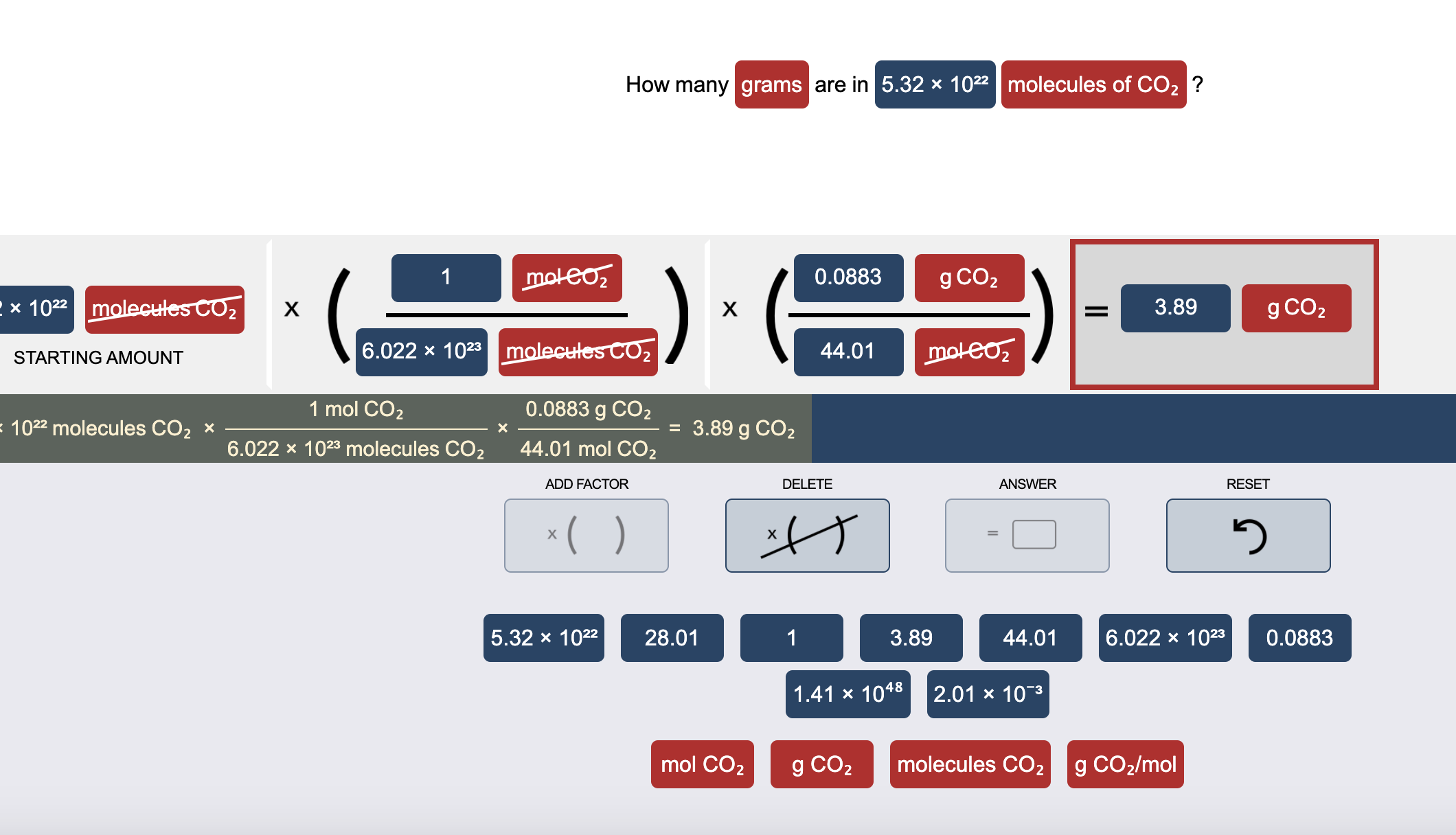 How many grams are in 5.32 × 1022 | molecules of CO2 ?
