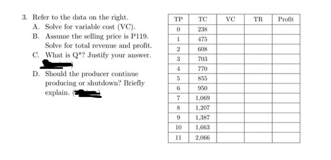 3. Refer to the data on the right.
A. Solve for variable cost (VC).
B.
Assume the selling price is P119.
Solve for total revenue and profit.
C. What is Q*? Justify your answer.
D. Should the producer continue
producing or shutdown? Briefly
explain.
TP
0
1
2
3
4
5
6
7
8
9
10
11
TC
238
475
608
703
770
855
950
1,069
1,207
1,387
1,663
2,066
VC
TR
Profit