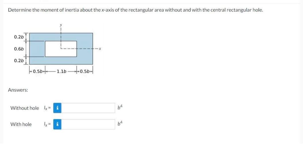 Determine the moment of inertia about the x-axis of the rectangular area without and with the central rectangular hole.
0.2b
0.6b
0.2b
Answers:
0.50+
Without hole lx=
With hole
-1.1b-0.5b-
1x = i
64
64