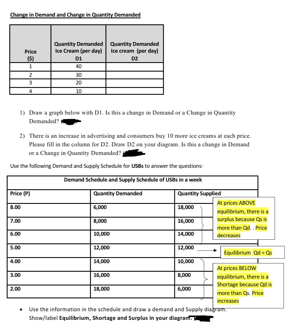 Change in Demand and Change in Quantity Demanded
8 8 8 8 8
Price (P)
8.00
1) Draw a graph below with D1. Is this a change in Demand or a Change in Quantity
Demanded?
7.00
2) There is an increase in advertising and consumers buy 10 more ice creams at each price.
Please fill in the column for D2. Draw D2 on your diagram. Is this a change in Demand
or a Change in Quantity Demanded?
Use the following Demand and Supply Schedule for USBS to answer the questions:
Demand Schedule and Supply Schedule of USBs in a week
Quantity Demanded
6,000
6.00
Price
($)
1
3.00
2
3
4
2.00
●
Quantity Demanded
Ice Cream (per day)
D1
40
30
20
10
8,000
10,000
12,000
Quantity Demanded
Ice cream (per day)
D2
14,000
16,000
18,000
Quantity Supplied
18,000
16,000
14,000
12,000
10,000
8,000
6,000
At prices ABOVE
equilibrium, there is a
surplus because Qs is
more than Qd. . Price
decreases
Equilibrium Qd = Qs
At prices BELOW
equilibrium, there is a
Shortage because Qd is
more than Qs. Price
increases
Use the information in the schedule and draw a demand and Supply diagram.
Show/label Equilibrium, Shortage and Surplus in your diagram.