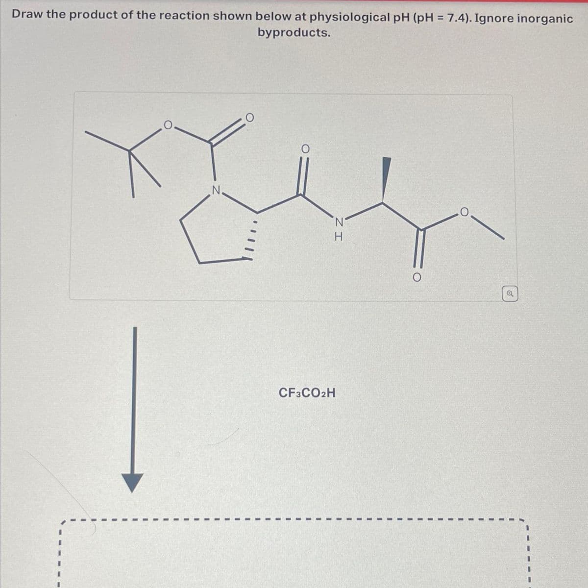 Draw the product of the reaction shown below at physiological pH (pH = 7.4). Ignore inorganic
byproducts.
N.
O
H
CF3CO2H