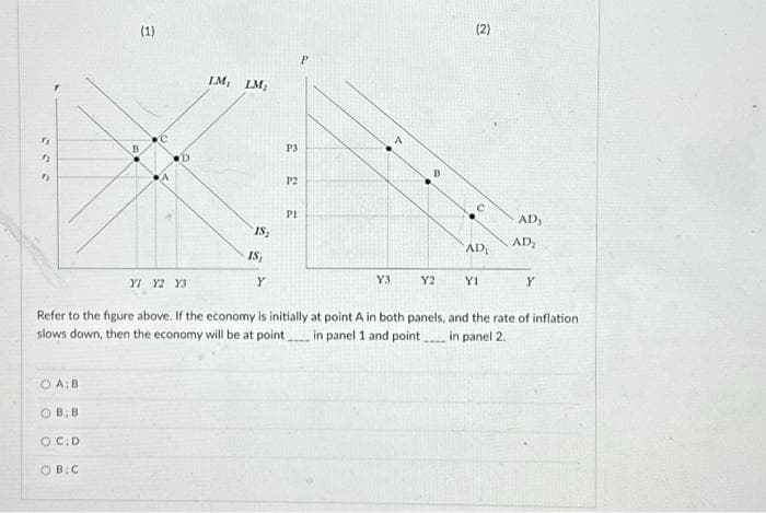 300
OA: B
OB;B
O C;D
(1)
OB:C
D
LM, LM₂
IS₂
IS₁
Y
P3
P2
PL
P
Y3
Y2
(2)
с
AD₁
YI Y2 Y3
Refer to the figure above. If the economy is initially at point A in both panels, and the rate of inflation
slows down, then the economy will be at point in panel 1 and point in panel 2.
YI
AD,
AD₂
Y