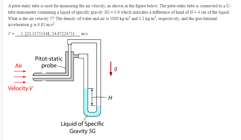 A pitot-static tube is used for measuring the air velocity, as shown in the figure below. The pitot-static tube is connected to a U-
tube manometer containing a liquid of specific gravity SG = 0.9 which indicates a difference of head of H=4 cm of the liquid.
What is the air velocity V? The density of water and air is 1000 kg/m³ and 1.2 kg/m³, respectively, and the gravitational
acceleration g is 9.81 m/s².
1. [23.51755348, 24.97224751 m/s.
V=
Air
Velocity V
Pitot-static
probe
Liquid of Specific
Gravity SG
H
9