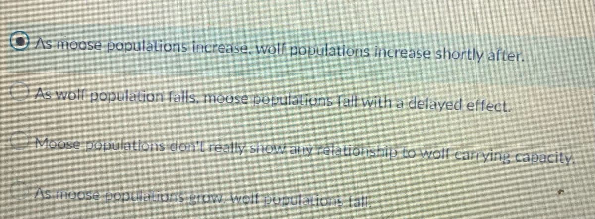 As moose populations increase, woll populations increase shortly after.
As woll population falls, moose populations fall with a delayed effect.
Moose populations don't really show any relationship to walf carrying capacity.
As moose populations grów, woll populations (all.
