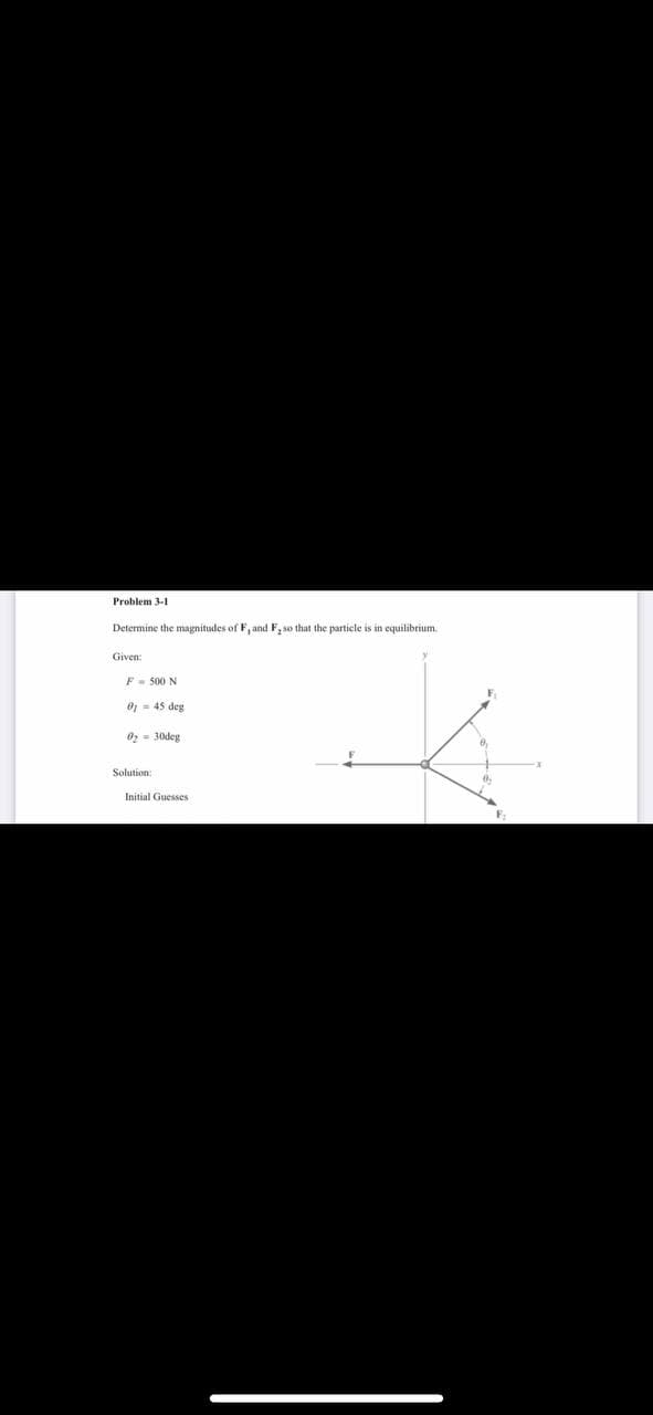 Problem 3-1
Determine the magnitudes of F, and F, so that the particle is in equilibrium.
Given:
F- 500 N
O - 45 deg
02 = 30deg
Solution:
Initial Guesses
