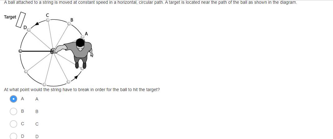 A ball attached to a string is moved at constant speed in a horizontal, circular path. A target is located near the path of the ball as shown in the diagram.
Target
B
At what point would the string have to break in order for the ball to hit the target?
A
A
B
B
C
D
D
O O O O
