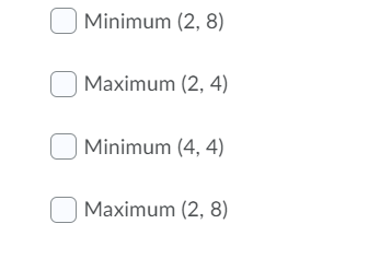 Minimum (2, 8)
O Maximum (2, 4)
Minimum (4, 4)
O Maximum (2, 8)
