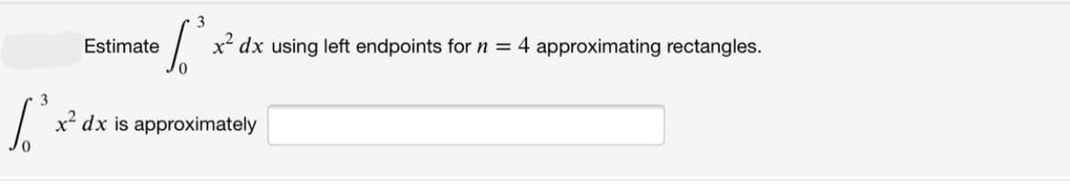 3
Estimate
x² dx using left endpoints for n = 4 approximating rectangles.
3
x² dx is approximately
